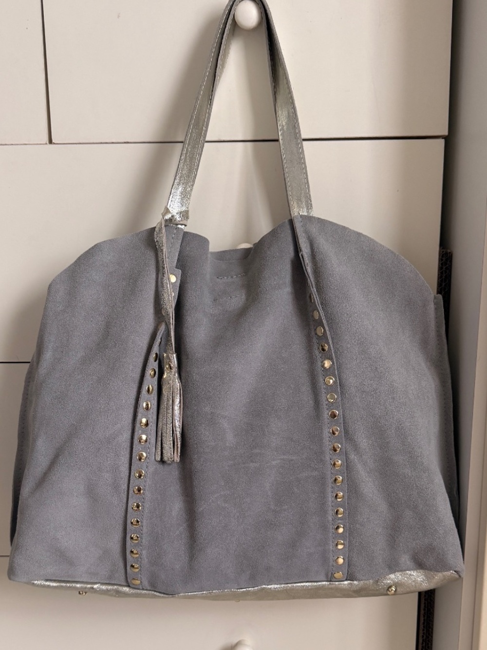 Genuine Soft Suede Leather Tote Bag with Silver Leather Straps MADE IN ITALY